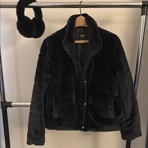 Women’s Black Faux Fur Jacket with Ear Muffs - Size Large